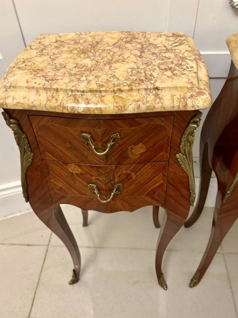 Exceptional Antique Pair of Louis XV Style Kingwood and Marble-Top Bedside Cabinets